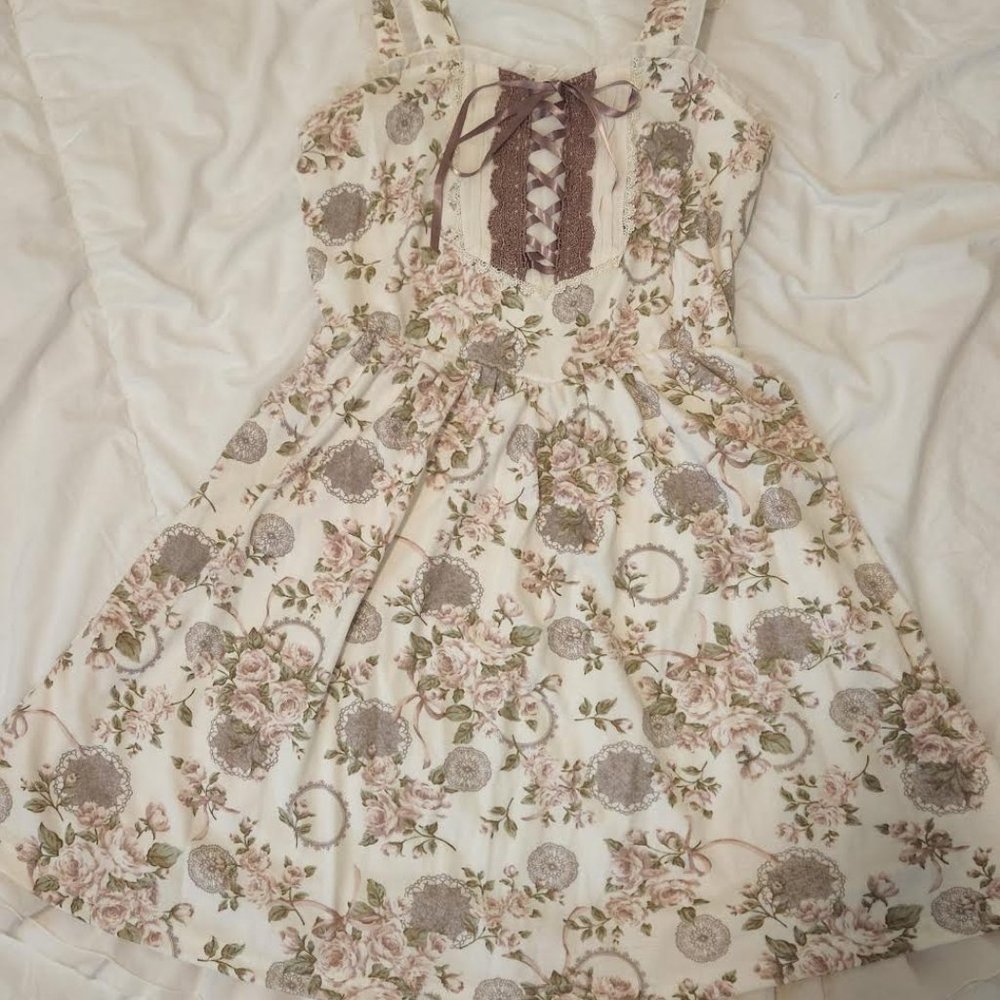 Soft White Floral and Rose Pink Trim Flowy Dress